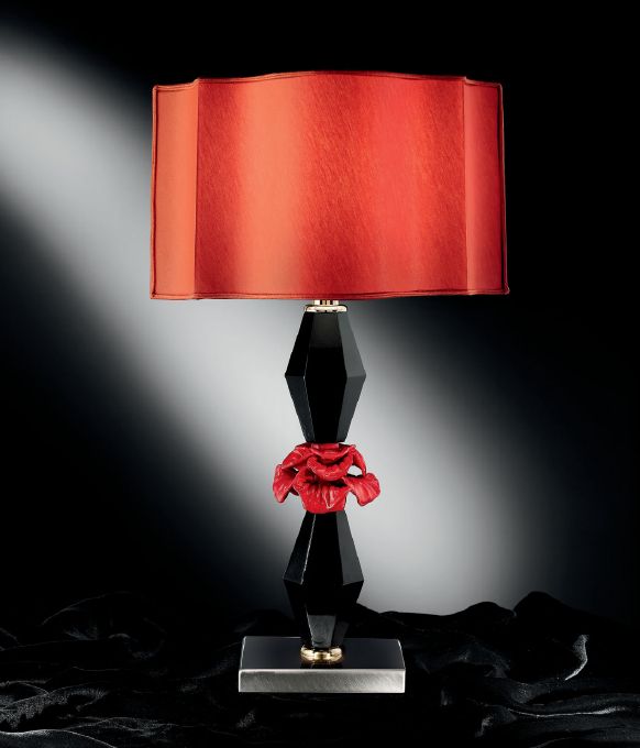 Black and coral Murano glass table lamp with coral shade and hand-blown flower