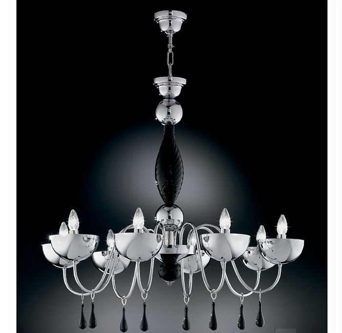 Modern shiny chrome chandelier with black, red or white Murano glass detail