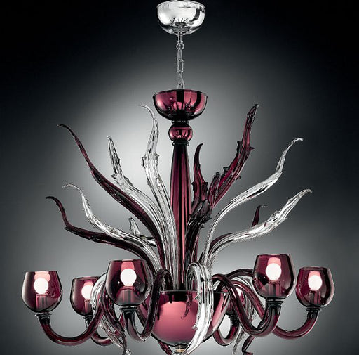 Modern purple Murano glass art chandelier with silver leaf details and 6 or 8 lights