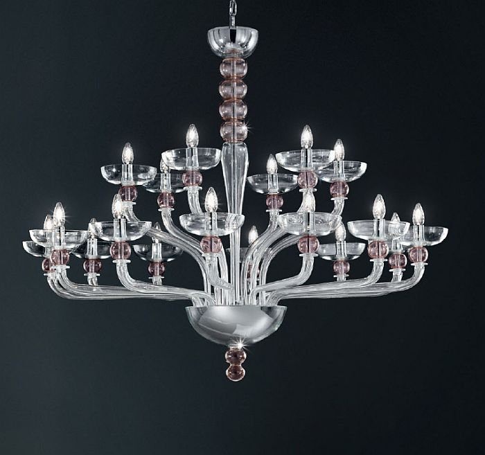 Modern 18 or 12 light Murano chandelier with amethyst, clear, or white spheres