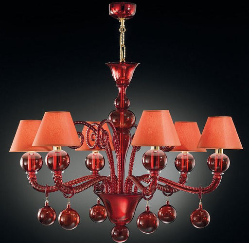 Contemporary red Venetian glass chandelier with red shades and 6, 8, or 10 lights