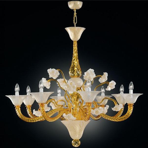 Amber & cracked Murano ice glass chandelier with 8 lights