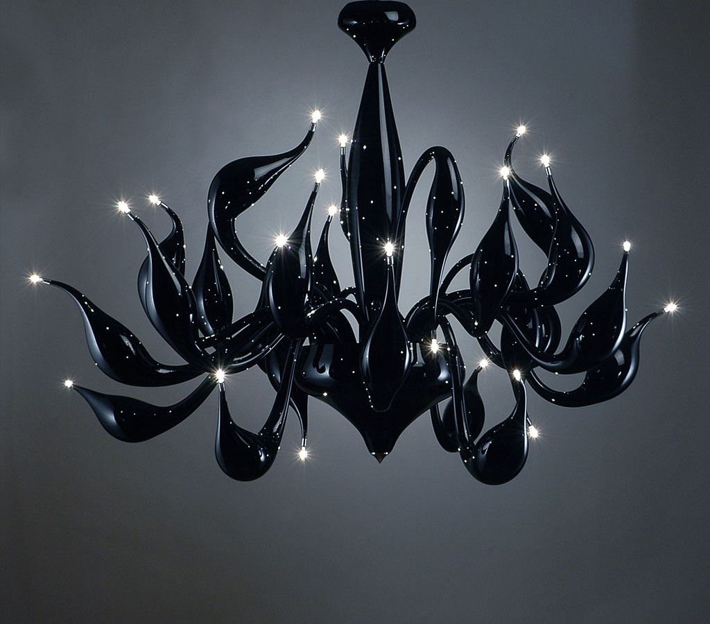 Dramatic black Murano art glass chandelier with 24 lights