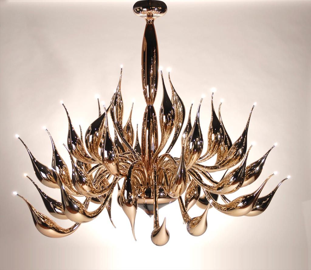 Glamorous Murano art glass chandelier with 24 lights and mirrored gold finish