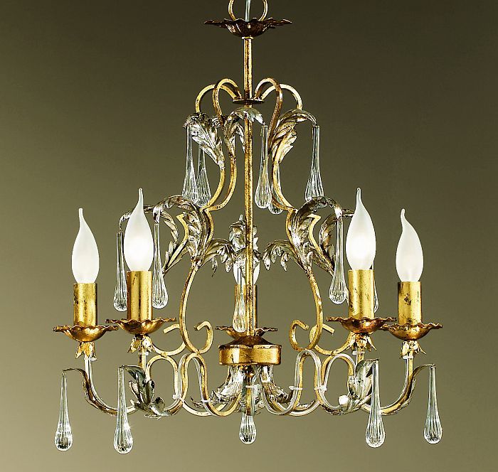 Pretty gold 5 light classic chandelier with crystal drops & custom options