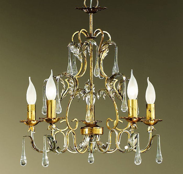 Pretty gold 5 light classic chandelier with crystal drops & custom options