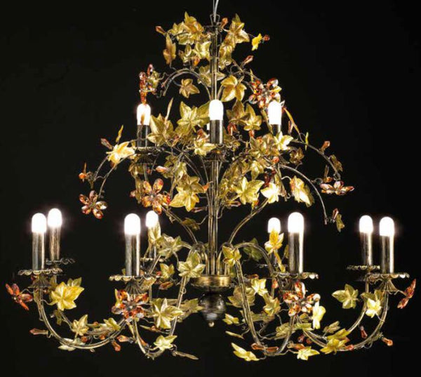 Modern rustic chandelier in earth tones with crystal flowers