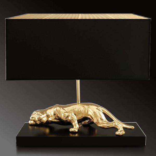 Platinum or 24 carat gold 'crouching panther' table lamp with black or white shade