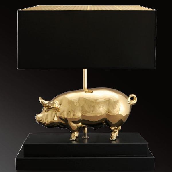 24 carat gold or platinum 'lucky pig' table light with black or white shade