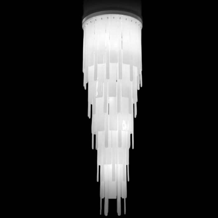 White piastra glass stairwell column chandelier in silk white