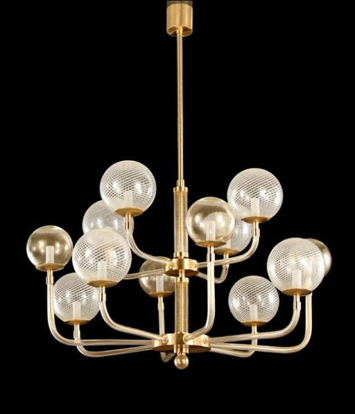 Mid-century inspired chandelier with gold frame & white spheres