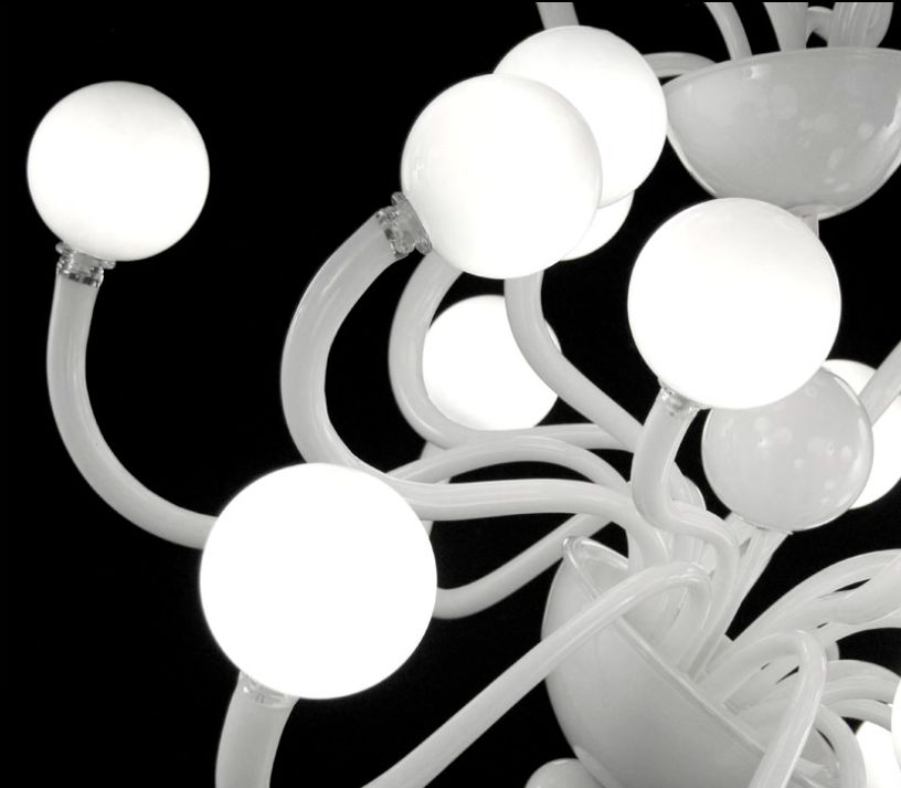 Unusual modern Italian white glass globe chandelier with 24 lights