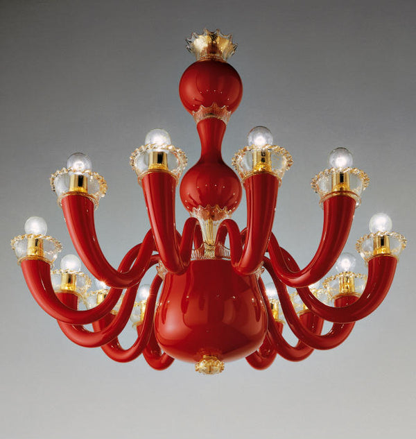 Coral red Murano glass 12 arm chandelier by Gio Ponti for Venini