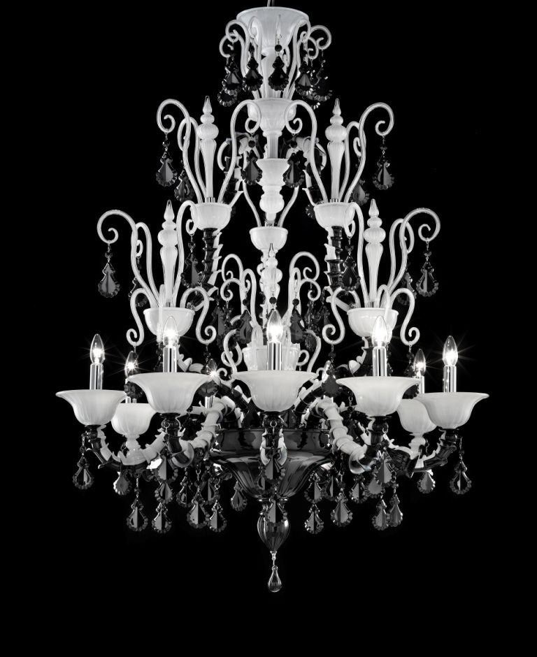 Diamantei black & milky white Murano glass chandelier from Venini