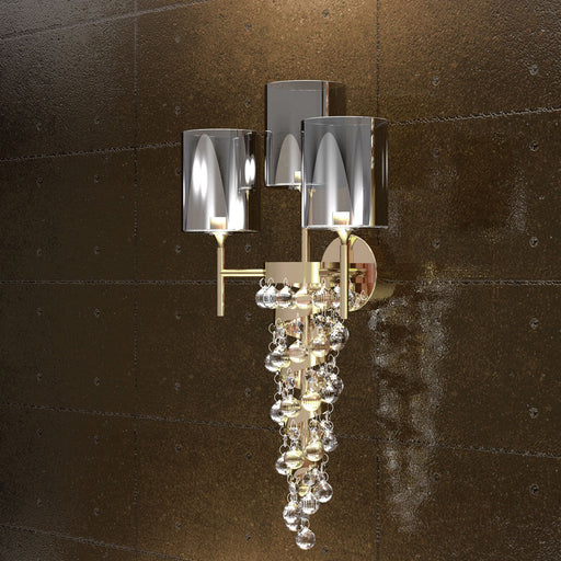 Modern gold or chrome wall sconce with crystal, Swarovski or glass baubles