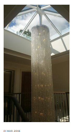 8ft tall crystal waterfall chandelier, custom made with glittering Italian crystals