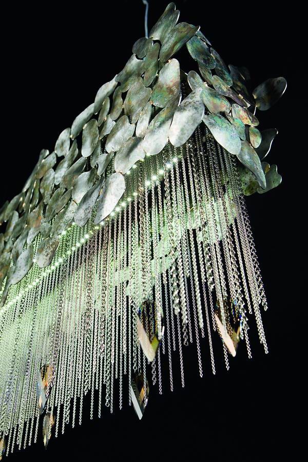 Long silver or brown metal dining table light with Swarovski Elements crystals