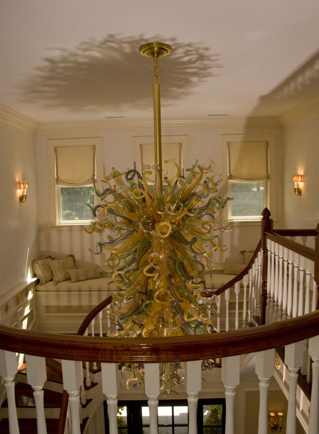 Custom-made glass art stairwell chandelier in your choice of colors