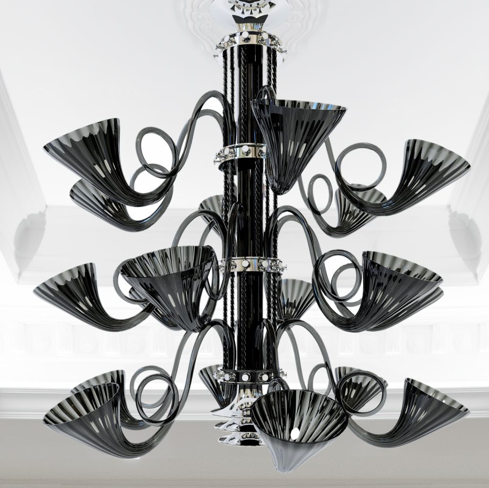 Superb large 3 tier black Murano glass chandelier with chrome frame