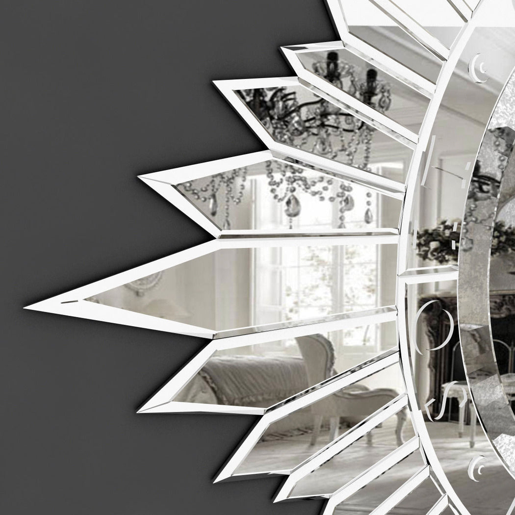 Silvered art-deco-inspired Venetian sun-burst wall mirror